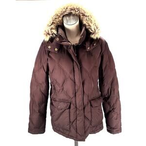 Lands End Down Jacket Womens Large 14-16 Brown Down Filled Zip Up Coat Fur Hood